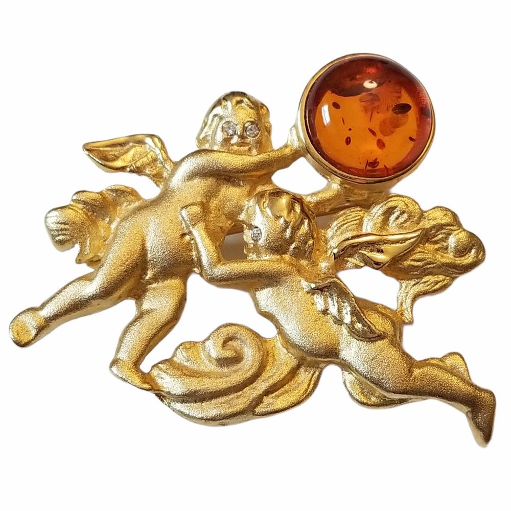 Vintage Louis Stern Baltic Amber Cabochon Cherub Angel Crystal Brooch Pin